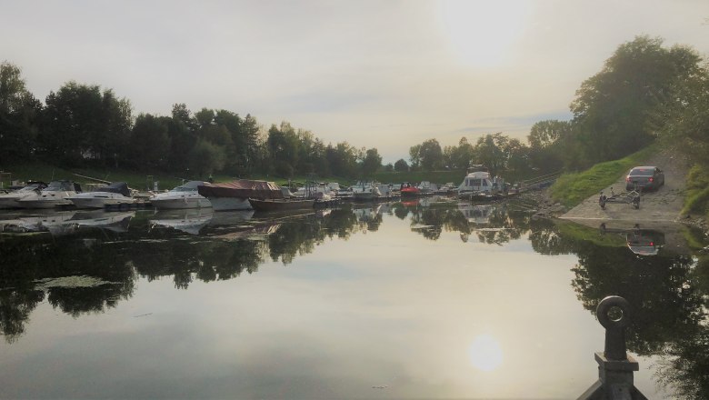 Ruhiger Hafen mit Booten, Bäumen und spiegelndem Wasser bei Sonnenuntergang., © Donau NÖ Tourismus GmbH