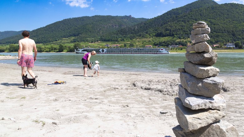 Familie am Sandstrand mit Hund, Flusskreuzfahrtschiff im Hintergrund., © Donau NÖ Tourismus_Barbara Elser