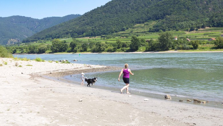 Frau und Kind mit Hund am Flussufer, grüne Hügel im Hintergrund., © Donau NÖ Tourismus_Barbara Elser